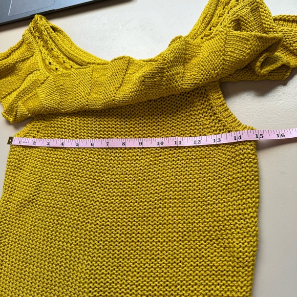 Anthropologie Off The Shoulder Ruffled Knit Cotton Sweater Mustard Crochet M - Picture 14 of 14